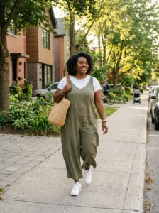 Alt Text: Plus size mom confidently wearing a comfortable everyday outfit outdoors.