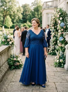 Alt Text: Plus-size mother of the bride wearing a comfortable structured formal gown.