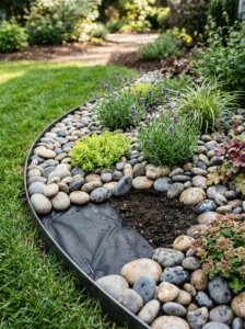 Alt Text: River rock garden bed showing practical installation and landscaping details.