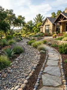 Alt Text: Finished residential yard using river rock instead of mulch for low-maintenance landscaping.