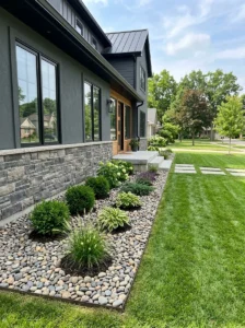 Alt Text: River rocks used in a foundation perimeter landscape bed.
