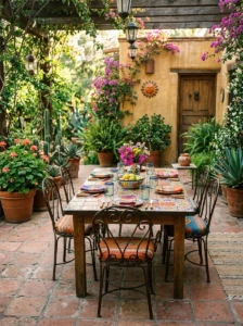 Alt Text: Colorful woven textiles and cushions decorating a Mexican patio
