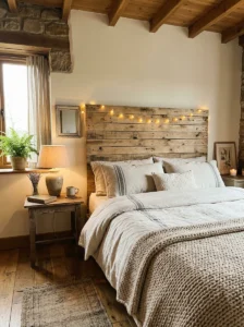 Alt Text: Simple plank and batten DIY wooden headboard.