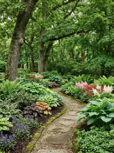 Shade perennials being planted in prepared soil beneath mature trees.