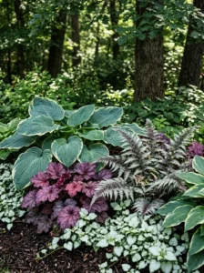 Hostas, heuchera, Japanese painted ferns, and lamium growing in deep shade.