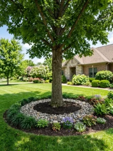 Alt Text: River rock dry creek bed winding through a landscaped yard.