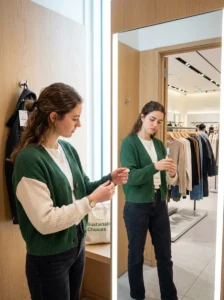Alt Text: Shopper checking fit fabric and construction before buying affordable clothing