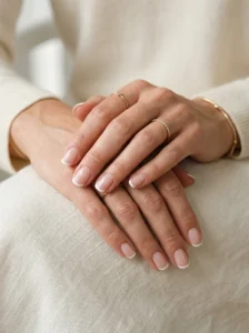 Elegant short French tip nails with a polished modern finish