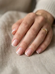 Short nails with a sheer pink base and thin white French tips