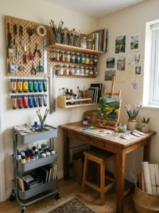 Alt Text: Small art studio efficiently organized for creative work.