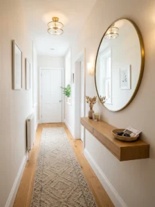 Small hallway featuring mirrors, warm lighting, light walls, slim storage, and a runner rug.