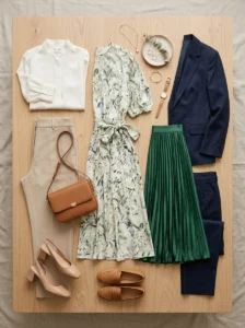 Alt Text: Smart casual wedding guest clothing pieces including dresses, separates, tailoring, and accessories