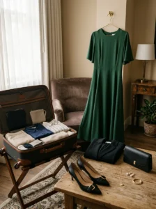 Alt Text:
Compact travel capsule with one versatile special-occasion outfit and accessories for a dressy event.
