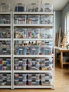 Alt Text: Functional art studio with durable and flexible work surfaces.