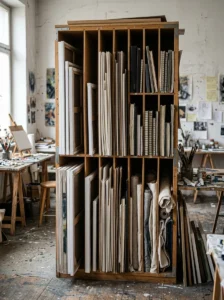 Alt Text: Secondary surface keeping unfinished art projects separate from the main workspace.