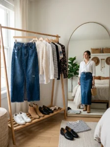 Alt Text: Long denim skirt styled with versatile tops and shoes