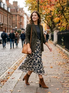 Summer skirt styled with ankle boots to create a fall outfit