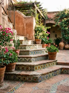 Alt Text: Wrought iron furniture and colorful accents on a Mexican patio