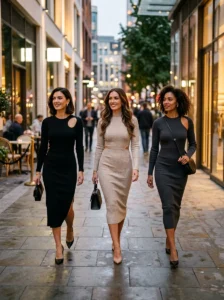 Alt Text: Women wearing fitted bodycon dresses with polished accessories.