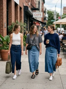 Alt Text: Casual long denim skirt outfits for everyday wear