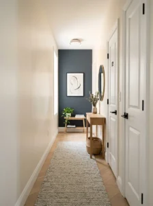 Small hallway with light reflective walls and a subtle accent wall that enhances visual space.