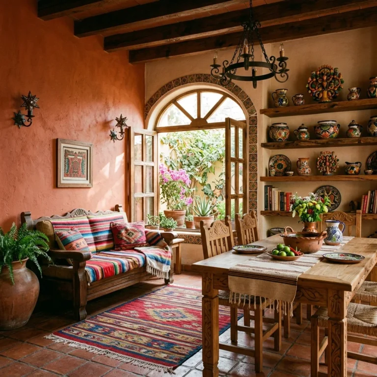 Cozy traditional Mexican home interior with Talavera pottery, woven textiles, carved wood furniture, and wrought iron details.