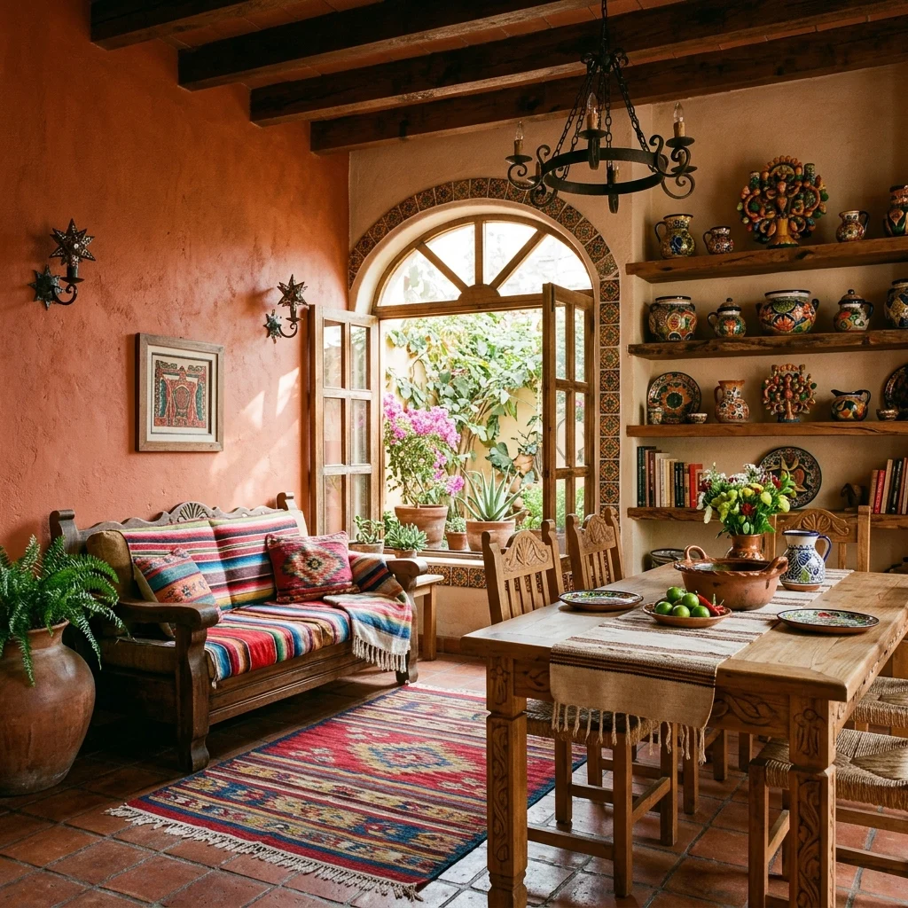 Cozy traditional Mexican home interior with Talavera pottery, woven textiles, carved wood furniture, and wrought iron details.