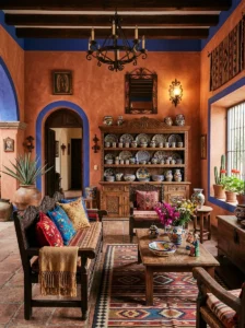 Cozy old Mexican home interior layered with handcrafted decor, vintage furniture, and warm natural materials.