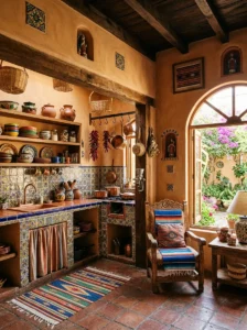 Traditional Mexican interior decorated with colorful Talavera pottery and hand-painted tile accents.