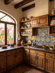 Traditional Mexican interior with wrought iron details, pottery, wood, and warm terracotta accents.