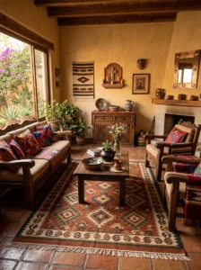Balanced Mexican-inspired room combining colorful textiles, Talavera pottery, wrought iron, and natural wood.
