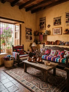 Vintage reclaimed wood door used as a decorative feature in a cozy Mexican-inspired interior.