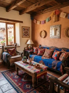 Traditional Mexican interior with carved natural wood furniture and vintage handcrafted details.