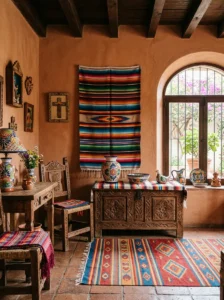 Traditional Mexican decor featuring Talavera pottery, wrought iron, colorful textiles, and carved wood.