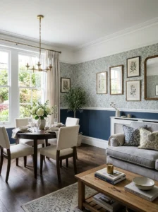 Alt Text: Classic horizontal split between wallpaper and painted wall sections.