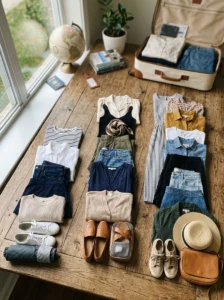 Alt Text:
Compact clothing selections organized for different travel durations.