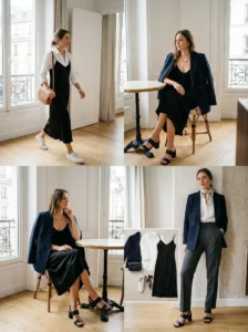 Alt Text:
Travel wardrobe pieces layered and accessorized to create casual and dressy outfits.