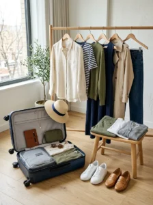 Alt Text:
Coordinated travel capsule wardrobe arranged beside an open carry-on suitcase.