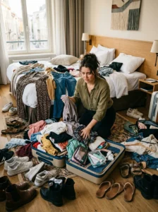 Alt Text:
Overstuffed suitcase surrounded by excess clothing and shoes as a traveler struggles to pack efficiently.