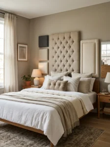 Alt Text: DIY tufted headboard with button details.