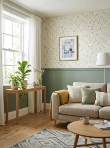 Alt Text: Half wallpaper and half paint wall design illustrating common decor questions.