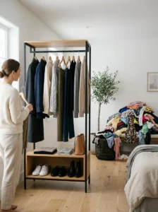 Alt Text: Choosing fewer quality clothing pieces instead of excessive fast fashion purchases