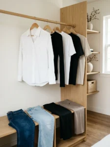 Alt Text:
Classic white shirt, black top, and neutral t-shirts forming a versatile wardrobe foundation