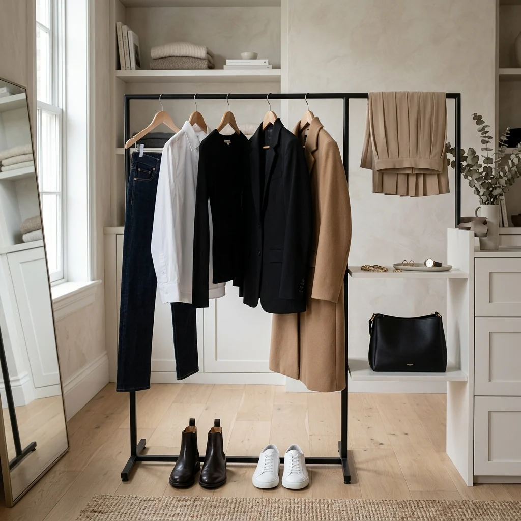 Alt Text: Timeless wardrobe essentials arranged in a sophisticated minimalist dressing room