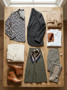 Alt Text: Sophisticated outfit combining three patterns in different scales with a shared color