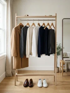 Alt Text: Budget wardrobe focused on quality outerwear shoes and everyday basics
