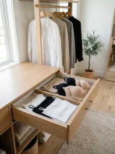 Alt Text:
Essential neutral undergarments and layering pieces organized in a wardrobe