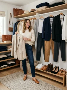 Alt Text: Woman choosing shoes by checking formality, color, and proportion