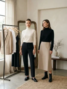 Alt Text:
Tailored trousers and a simple midi skirt styled as versatile wardrobe foundations