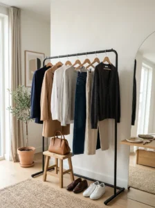 Versatile wardrobe pieces arranged to demonstrate practical outfit styling principles